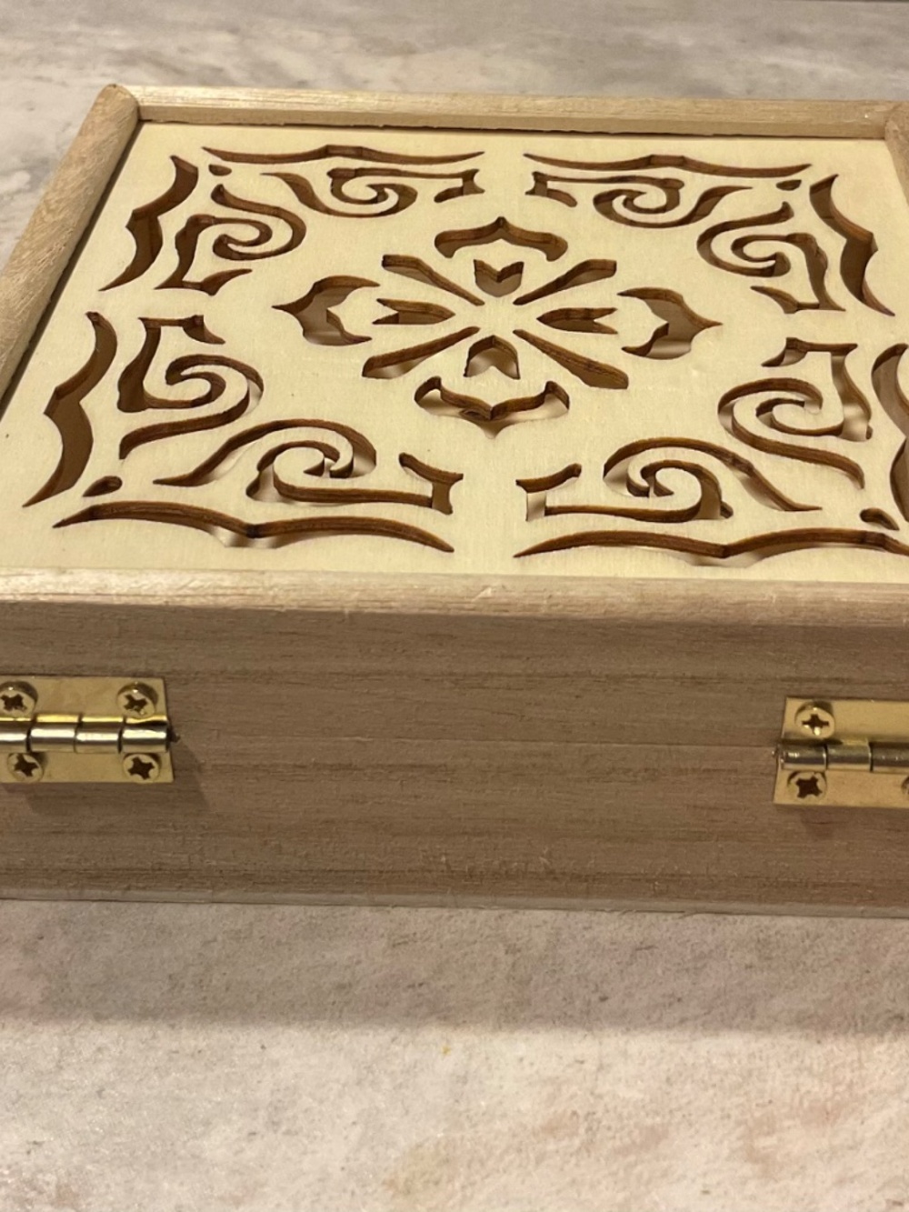 Wooden Box Laser Cut Design Hinged Lid New 5” square - Picture 8 of 10